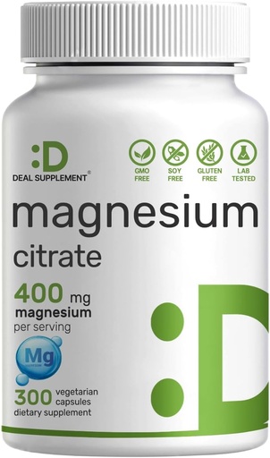 [BRSRMBIOCMBRUDL7] Citrate de magnesio 400mg Por Serving, 300 cápsulas de verduras - Chelated, Easily Absorbed, Purified Trace Mineral – Muscle, Heart, " Digestive Support – Non-GMO