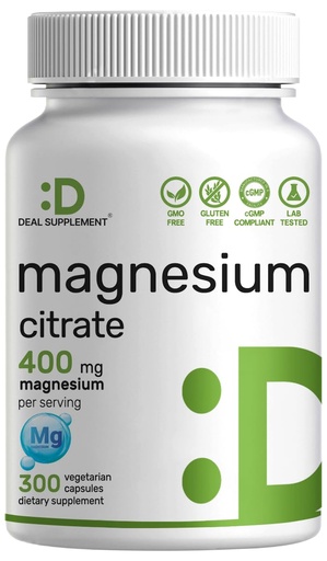 [BRSRMBIOCMBRUDL7] Magnesium Citrate 400mg Per Serving, 300 Veggie Capsules – Chelated, Easily Absorbed, Purified Trace Mineral – Muscle, Heart, & Digestive Support – Non-GMO