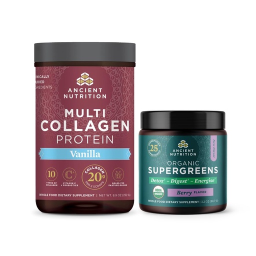 [BRSRAZQPOR6RYYDP] Ancient Nutrition Multi Collagen Protein Powder, Vanilla, 24 Servings + Organic Supergreens Powder, Berry, 12 Servings
