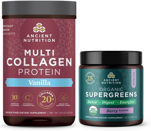 [BRSRAZQPOR6RYYDP] Antigua Nutrición Multi Collagen Proteína Polvo, Vainilla, 24 Servimientos + Pólvora de Supergreens Orgánico, Berry, 12 Servimientos