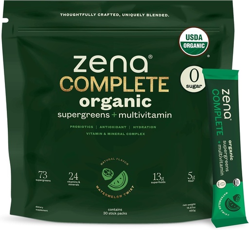 [BRSRAAYPAUNWYAD6] Zena Complete Organic Super Greens Powder & Multivitamin, 90+ Supergreens, Fruits, Veggies, 0 Sugar, 5G Fiber, Pre & Probiotics, Watermelon Citrus Flavor, 30 Packets