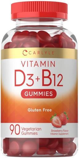 [BRSW2FL6OEPQAE3K] Carlyle Vitamin D3 + B12 Complex Gummies | 90 Count | Vegetarian, Non-GMO, and Gluten Free Formula | Strawberry Flavor Supplement
