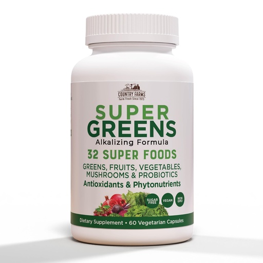 [BRSRAYLYDMOWOF3D] COUNTRY FARMS Super Greens Vegicaps, 32 Super Foods, Whole Food Supplement, Greens, Fruit, Vegetables, Mushrooms & Probiotics, Rich in Antioxidants & Phytonutrients, 120 Count, 60 Servings