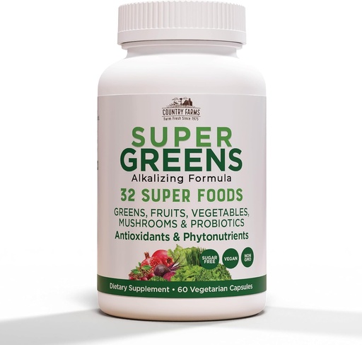 [BRSRAYLYDMOWOF3D] COUNTRY FARMS Super Greens Vegicaps, 32 Super Foods, Whole Food Supplement, Greens, Meyve, Sebzeler, Mushrooms & Probiyotiks, Rich in Antioksis & Phytonutrients, 120 Count, 60 Hizmetler