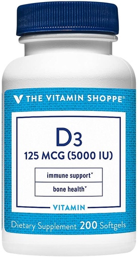 [BRSWIZQ4AEIBEEAV] Vitamin Shoppe Vitamin D3 5000IU Softgel, stöder ben- och immunhälsa, hjälpmedel i cellulär tillväxt och kalciumabsorption, glutenfri och en gång daglig formel (200 Softgels)