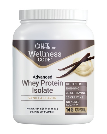 [BRSWGFQLAUAQACQ7] Life Extension Wellness Code Advanced Whey Protein Isolate - Vanilla Flavor -Protein Shake Mix Powder for Muscle Growth & Immune Health Support - Gluten Free, Non-GMO, Sugar Free - 454g - 20 Servings