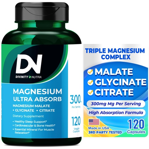 [BRSROAIPCUIR4GTV] Divinity Nutra Triple Magnesium Complex Supplement,300mg of Magnesium Glycinate, Malate & Citrate for Muscles, Nerves, & Energy, High Absorption, 120 Vegan Capsules，Non-GMO USA Made