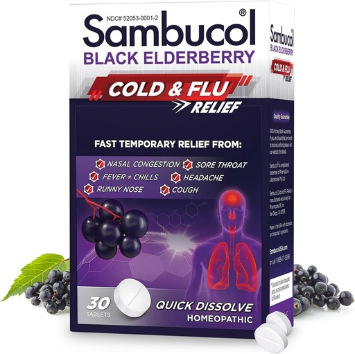 [BRSWIYYMCBYRGHTO] Sambucol Cold and Flu Relief Tablets - Homeopathic Black Elderberry Cold Medicine, Drowsy Free Remedy for Adults with Zinc, Quick-Dissolving Tablets for Men and Women - 30 Count