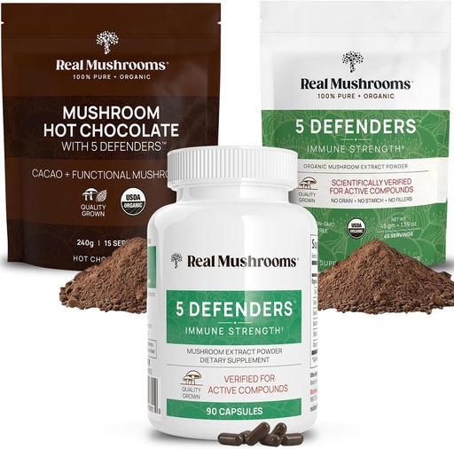 [BRSRMFAPCR5BEAY3] Real Mushrooms Hot Chocolate Mix (15srv), 5 Defenders Extract Powder (45srv), & 5 Defenders Supplements (90ct) Bundle to Support Immunity & Overall Wellbeing - Gluten-Free, Non-GMO, Vegan