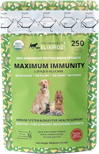 [BRSROZT6DEIW2CLV] Maximum Immunity >25% β-glucan 100% Mushrooms Fruiting Body Extracts, Veterinarian Recipe for Dogs & Cats Immune, Digestive, Vitamins, Probiotics, with Turkey Tail, Reishi extracts.250 Servings