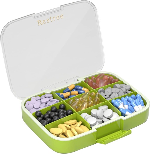 [BRSRMAT6PIPWOF3P] Restree Large Pill Organizer, Moisture Proof & Waterproof Travel Pill Case, Portable Medication Box with Adjustable Dividers for Vitamins Supplements Fish Oil and Daily Pills 9 Compartments (Green)
