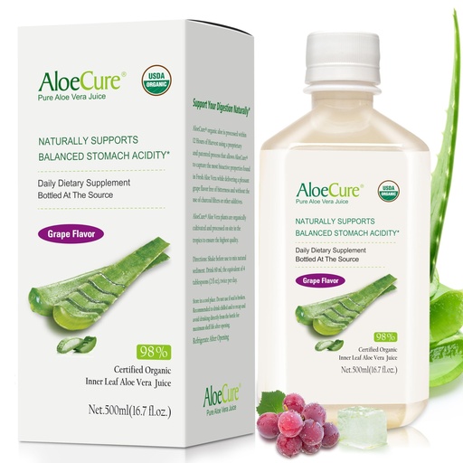 [BRSWIY3QCAHQMH3G] AloeCure USDA Organic Aloe Vera Juice Grape Flavor, Made Within 12 Hours of Harvest - Pure Aloe Vera Digestive & Immune Health Supplement, Helps Maintain Balanced Stomach Acidity, 16.7oz Bottle
