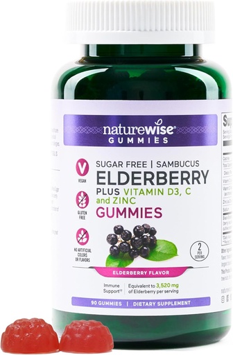 [BRSRA2YHOINWEA3A] NatureWise Sambucus Elderberry Gummies - Sugar-Free - Daily Immune Support Supplement for Kids and Adults*, with Vitamin C, D3, Zinc - Vegan, Gluten Free, Non-GMO - 90 Count[45-Day Supply]