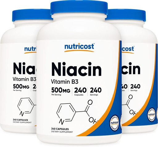 [BRSWKGYAA4FWEGQ3] Nutricost Niacin (Vitamin B3) 500mg, 240 Capsules (3 Bottles) - Niacin Flush