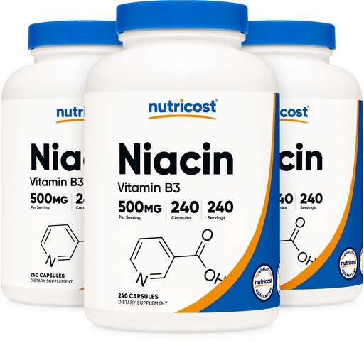 [BRSWKGYAA4FWEGQ3] Nutricost Niacin (Vitamin B3) 500mg, 240 Capsules (3 Bottles) - Niacin Flush