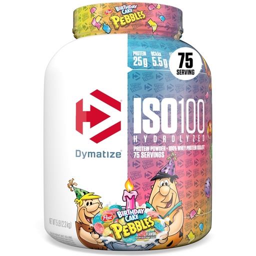 [BRSWIGYGC4MQGELG] Dymatize ISO100 Whey Protein Powder Isolate, Birthday Cake, 25g of Protein, 5 Pound, 5.5g BCAAs, Less Than 120 Cal., Gluten Free, 1g Fat, 1g Sugar, 2g Carb (75 Servings)
