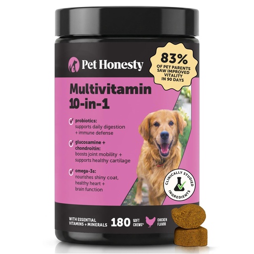 [BRSROZD2DEIWGD3B] 10-in-1 Dog Multivitamin Supplement with Glucosamine & Probiotics - Hip & Joint Support, Digestive Health, Immune Support, Heart & Skin - All-in-One Daily Vitamins & Omega-3s for Dogs (Chicken 180 Ct)