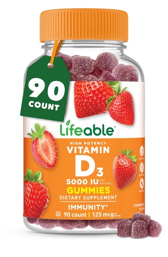 [BRSWGGL3BAHAG3TG] Vitamin D Gummies for Adults | 5000 IU | Great Tasting D3 Vitamin | Immune Support and Healthy Bones Vitamin D Supplement for Men, Women | 90 Gummies | Lifeable