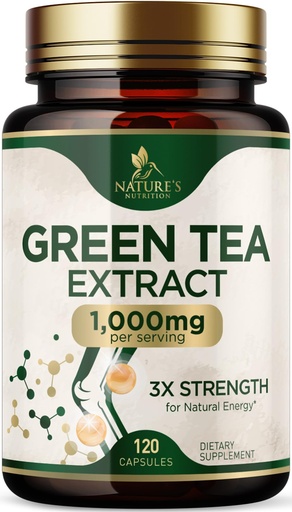 [BRSRMZIYCJ7WGFDV] Green Tea Extract 1000mg Per Serving - Standardized 45% EGCG & 98% Polyphenols - 3X Strength Green Tea Pills for Energy, Supports Heart Health, Herbal Supplement, Vegan, Bottled in USA - 120 Capsules