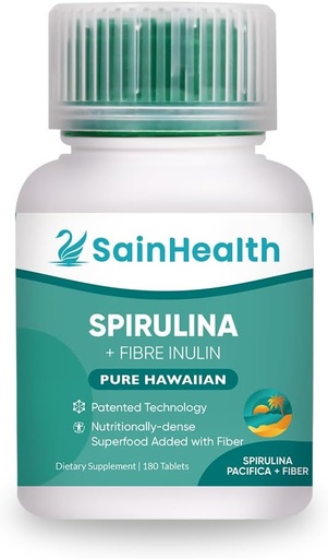 [BRSROZANPIIBSC3L] Spirulina + Fibre Inulin - Herbal Supplement, Spirulina Added Fiber Vegan Tablets for Digestive Health, 600mg Spirulina, Vegan & GMO Free (180 Tablets)