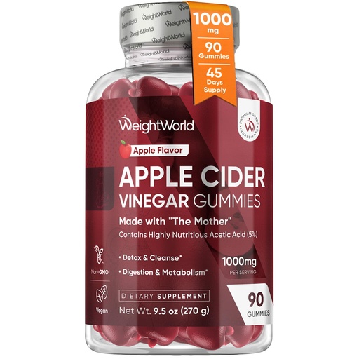[BRSWYEA6CAOR4G37] WeightWorld Apple Cider Vinegar Gummies 1000mg with The Mother + VIT C, B12-9-6, Beetroot | ACV Gummies - Digestion, Metabolism, Detox & Cleanse | Vegan Apple Cider Vinegar with Mother, 90 Count