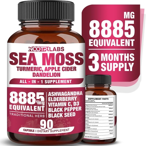 [BRSROGIOAANQGCIY] All-in-1 8885mg Höchste Potency Sea Moss, Black Seed, Ashwagandha, Turmeric, Apple Cider Essig, Dandelion mit Elderberry, Vitamin C & D3 - Immune, Energy Support Supplement - 90 Vegan Kapseln