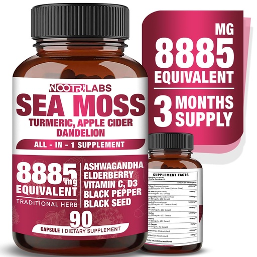 [BRSROGIOAANQGCIY] All-in-1 8885mg Highest Potency Sea Moss, Black Seed, Ashwagandha, Turmeric, Apple Cider Vinegar, Dandelion with Elderberry, Vitamin C & D3 - Immune, Energy Support Supplement - 90 Vegan Capsules