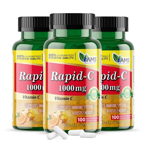 [BRSRMFQZBUFQMHIY] America Medic & Science Rapid-C 1000mg Vitamin C Supplement (3 Pack of 100 Tablets) Energy Booster, Daily Immune System Support, Antioxidant | Vegan, Non-GMO Coated Ascorbic Acid for Adult Men & Women