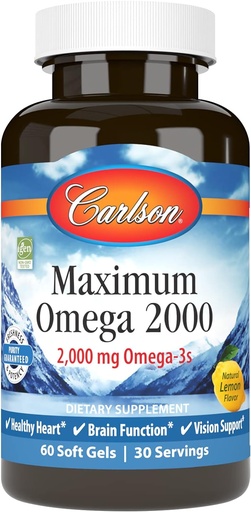 [BRSWECQ5OIFGKA3K] Carlson - Maximum Omega 2000, 2000 mg Omega-3 Fatty Acids including EPA and DHA, Wild-Caught, Norwegian Fish Oil supplement, Sustainably Sourced Fish Oil Capsules, Lemon, 60 Softgels
