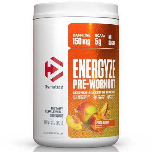 [BRSRAZDROQNR4ALH] Dymatize Energyze Pre Workout Powder for Men and Women, Peach Mango, 150mg Caffeine, 5g BCAAs, Performance Blend of L-Theanine, L-Tyrosine, L-Citrulline, No Sugar (30 Servings)
