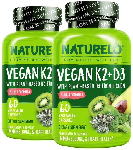 [BRSW2FAPCUFWM3QU] NATURELO Vitamin D3 K2 - Vegan K2+D3 with Plant Based D3 from Lichen - Natural D3 Supplement for Immune System, Bone Support, Heart Health - Whole Food - Non-GMO - Gluten Free, 60 Capsules (Pack of 2)