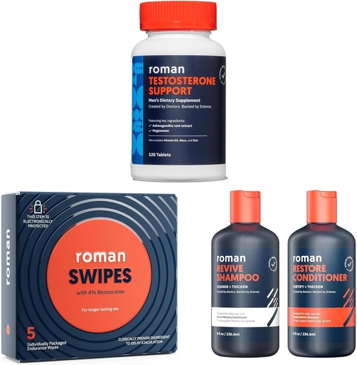 [BRSRAAYQCUGW2HY7] ROMAN Men's Wellness Bundle | Testosterone Support Supplement, Fast-Acting Swipes for Stamina, and Revive Shampoo & Conditioner Duo for Thicker-Looking Hair | Complete Men's Care Kit