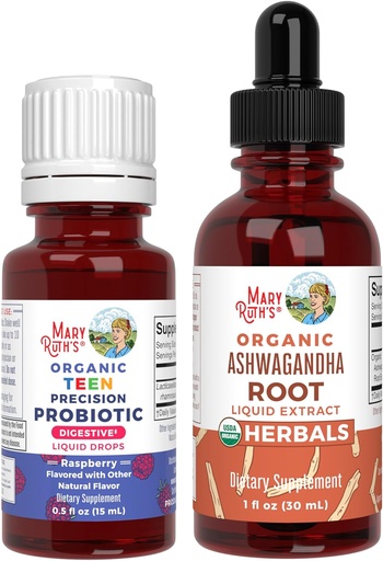 [BRSRAGANCIHAMC3P] MaryRuth Organics Precision Probiotic Drops for Teens (Raspberry) & Ashwagandha Drops | USDA Organic | Vitamins for Gut Health, Relaxation, & Overall Wellness | Vegan, Non-GMO, Gluten Free