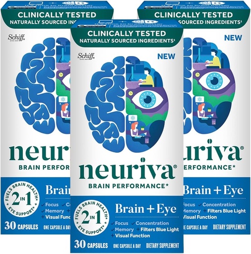 [BRSW2CAYOAMRSELV] NEURIVA Brain + Eye Supplement for Memory, Focus & Concentration with Clinically Tested Lutein and Zeaxanthin, Vitamins A C & E + Zinc for Eye Health & Filter Blue Light 30 Count Capsules (3 Pack)