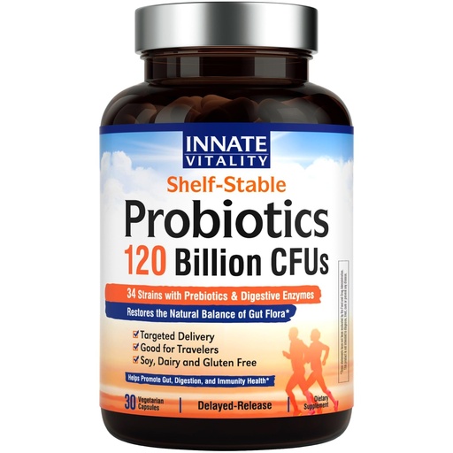 [BRSWYHQQDMDRGD3B] Innate Vitality Probiotics 120 Billion CFUs for Men & Women, 34 Strains with Prebiotics & Digestive Enzymes, Immune & Digestive Health, Delayed Release, Shelf Stable, 30 Vegan Capsules