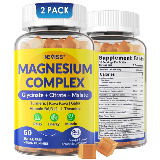 [BRSROHTRBUPGOCT2] Magnesium Complex Gummies 400mg, Magneisum Glycinate Citrate Malate + Turmeric, GABA, B6 B12, Kava Kava, L-Theanine for Sleep, Calm, Relaxation, Energy, Magnesium Gummies for Women Men, Vegan, 2 Pack