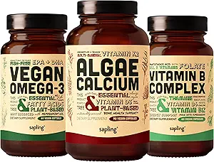 [BRSROBQFB4FAIC3L] Algae Calcium & Vegan Omega 3 & Vitamin B Complex Bundle - Calcium Supplement from Red Algae, Plant Based DHA & EPA Fatty Acids, Essential B Vitamins