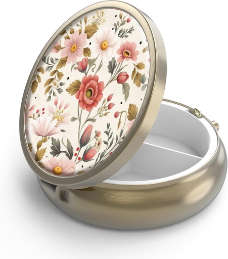 [BRSRMYYNBYHRSCDF] Pill Case Pill Box with Mirror Retro 3 Iedalījums Mazs Pill Case for Purse or Pocket Bronzas Mazs Rud Pill Box vai Vitamīni, Zivju eļļa, Papildinājumi, Pill Containe Ceļojuma Dāvanas (Retro Red Ziedi)