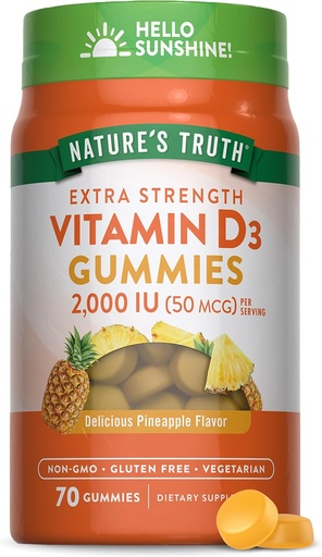 [BRSWYAQ6OZ6GAH3X] Nature's Truth Vitamin D3 Gummies | 2000 IU | 70 Count | Pineapple Flavor | Vegetarian, Non-GMO and Gluten Free Supplement