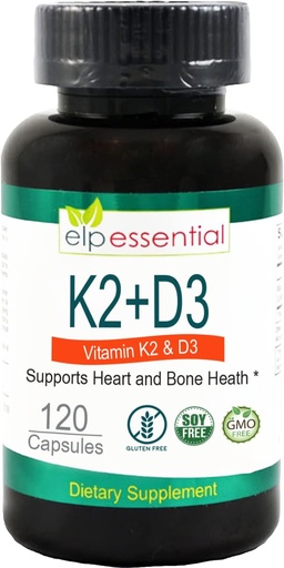 [BRSRMHAZO4MQKHI7] ELP ESSENTIAL Vitamin K2 s D3 doplněk zdraví kostí a srdce, Kapsle K2 + D3 Vitamíny 120 Kapsle