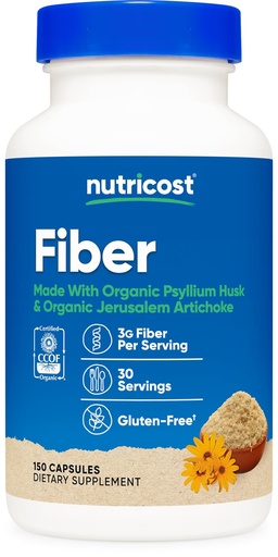 [BRSRMFIQCN5GEDLU] Nutricost Fiber Capsules with Prebiotic Fiber Supplement 150 Capsules - CCOF Certified Supplement, Made with Organic Psyllium Husk & Organic Jerusalem Artichoke, Gluten Free, 3 G Per Serving