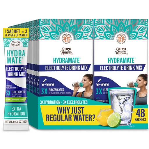 [BRSROAAQBFYGKF3F] GuruNanda Hydramate Hydration Support Drink Mix - Electrolyte Powder Packets for Dehydration, Exercise & Energy - No Added Sweeteners, Non-GMO, Natural Lemon Lime Flavor - 48 Count (0.56 oz Each)
