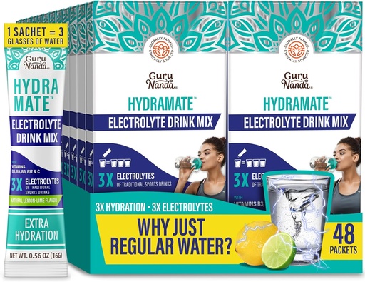 [BRSROAAQBFYGKF3F] GuruNanda Hydramate Hydration Support Drink Mix - Electrolyte Powder Packets for Dehydration, Exercise & Energy - Sen edulcorantes engadidos, Non-GMO, Natural Lemon Lime Flavor - 48 Count (0,56 oz cada un)