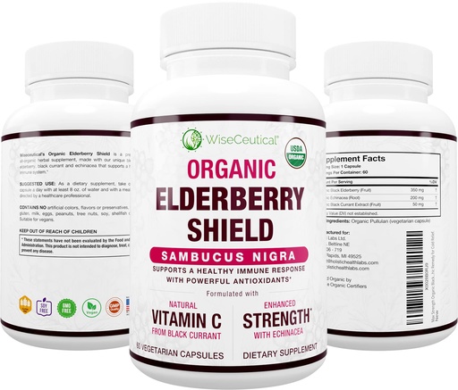 [BRSWGBQ3BAOWOG3A] Max Strength USDA Organic Black Elderberry, Black Currant Extract & Echinacea | 3 in 1 Natural Immune Support & Vitamin C | Sugar-Free, Vegan-Friendly | Homeopathic Remedy | 60 Count