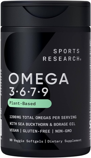 [BRSRAAYLBF5W22DO] Sports Research® Vegan Omega 3-6-7-9 - 1200 mg de Multi-Spectrum Omega Fatty Acids Certified Non-GMO Fórmula com Sea Buckthorn & Borage Oil - 90 Veggie Softgels