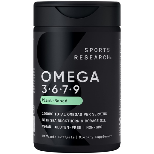 [BRSRAAYLBF5W22DO] Sports Research® Vegan Omega 3-6-7-9 - 1200 mg of Multi-Spectrum Omega Fatty Acids Certified Non-GMO Formula with Sea Buckthorn & Borage Oil - 90 Veggie Softgels
