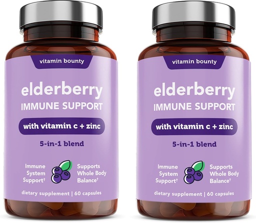 [BRSWYGDQBAMGACTU] Витамин Bounty Elderberry Immune Support - с цинком, витамином С и эхинацеей, усовершенствованным 5-в-1 блеском, мощным антиоксидантом, поддерживает баланс всего тела, не-ГМО - 60 капсул, 2 упаковки