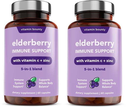 [BRSWYGDQBAMGACTU] Vitamin Bounty Elderberry Immune Support - with Zinc, Vitamin C & Echinacea, Advanced 5-in-1 Blend, Powerful Antioxidant, Supports Whole Body Balance, Non-GMO - 60 Capsules, 2 Pack