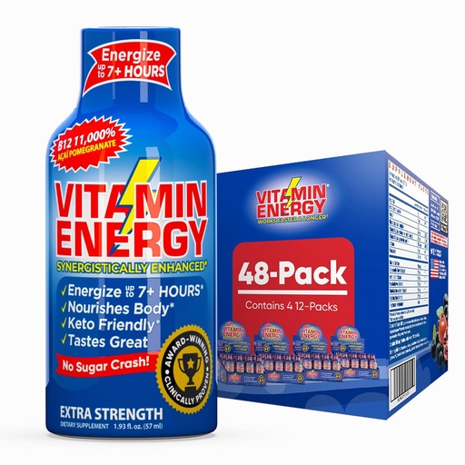 Vitamin Energy B12 11,000% Extra Strength Energy Shot Açaí Pomegranate 48 Pack, 260mg Natural Caffeine, B12 & B6, Nootropic Focus, Vitality, Zero Sugar, Gluten-Free, Vegan, Kosher, 1.93 fl oz