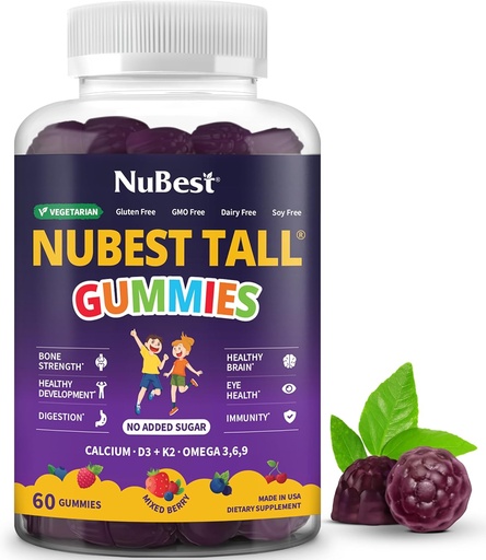 [BRSRAAQYOAIBSCLH] NuBest Tall Gummies for Kids Age 2+ " Adolescentes  durable Bone Strength, Inmunity, Digestive Health with Calcium, Vitamin D3, K2, B Complex, Magnesium, Zinc TEN 20+ Gummies de bayas de vitaminas, No Añadido azúcar